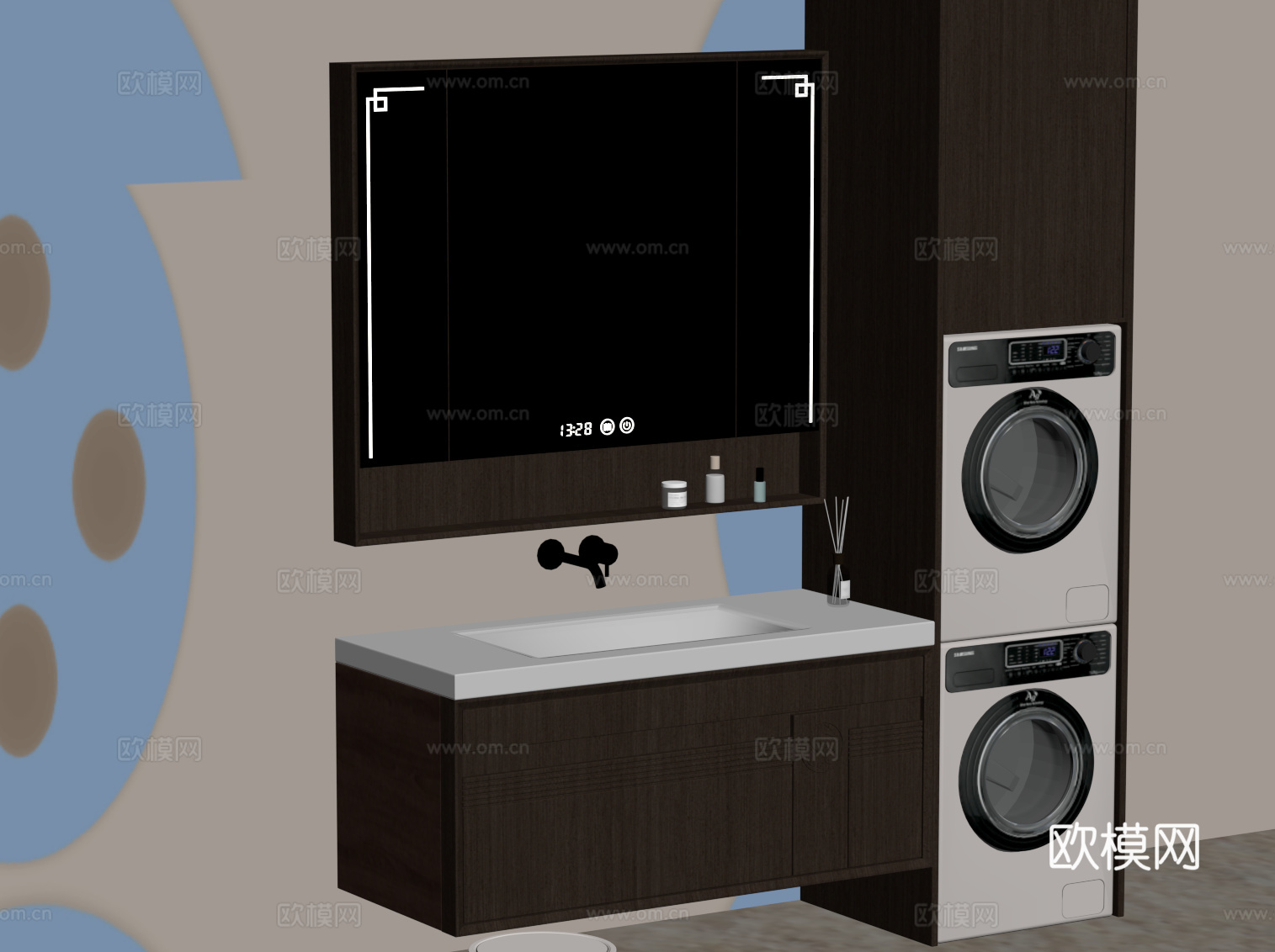 新中式浴室柜 洗衣机柜su模型