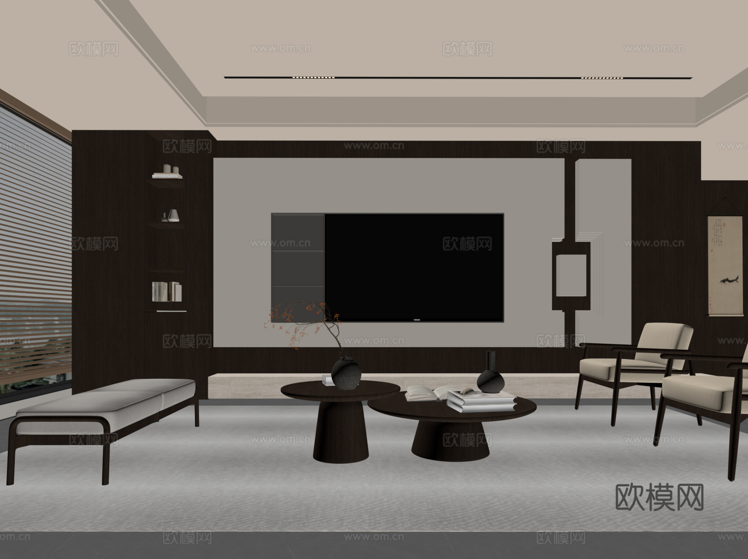 新中式客厅 电视背景墙 沙发茶几组合su模型