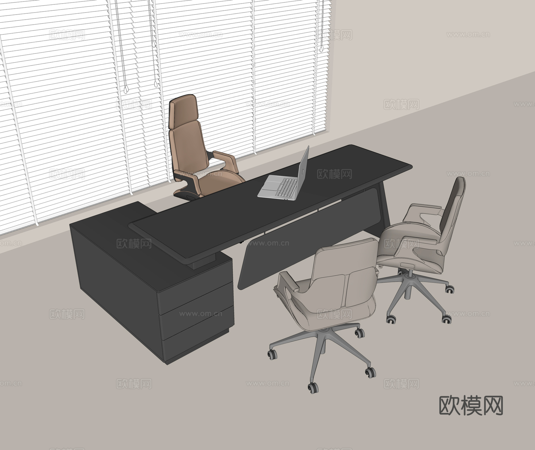现代办公桌椅组合 实木办公桌 皮质转动椅 休闲办公椅 笔记本su模型