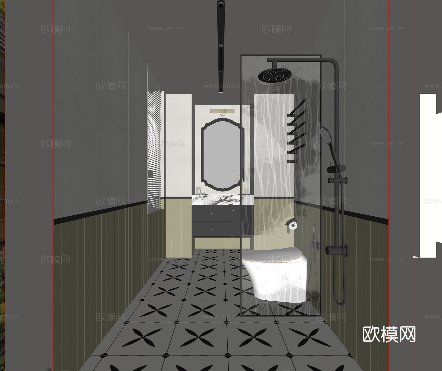 法式中古风卫生间 法式卫生间 浴室柜 化妆镜 马桶 淋浴花洒su模型
