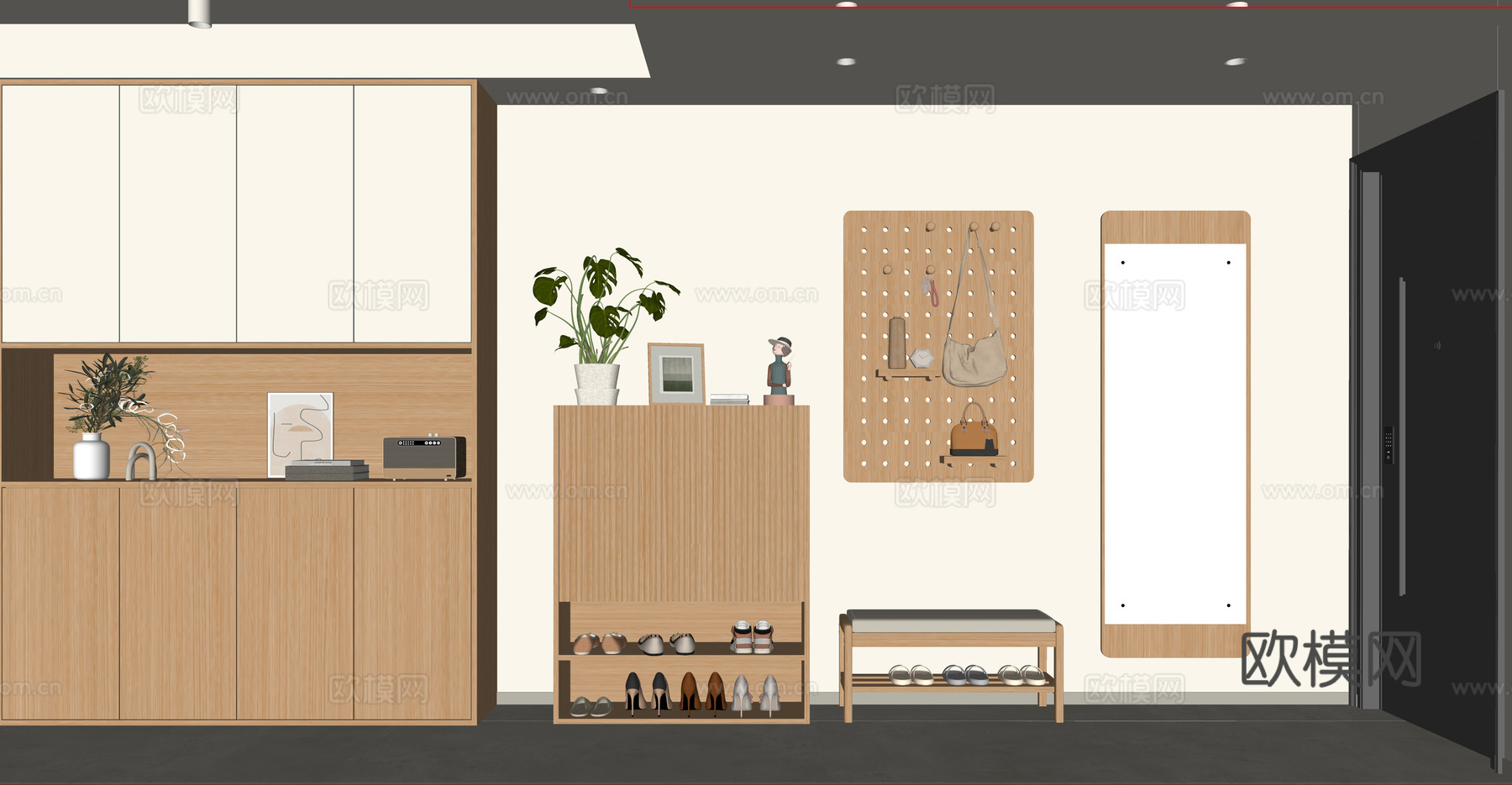 原木风玄关 原木成品鞋柜 原木换鞋凳 全身镜 洞洞板 鞋子su模型