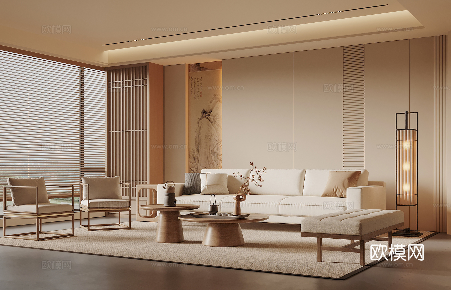 宋式美学客厅 沙发背景 装饰屏风 沙发茶几组合su模型