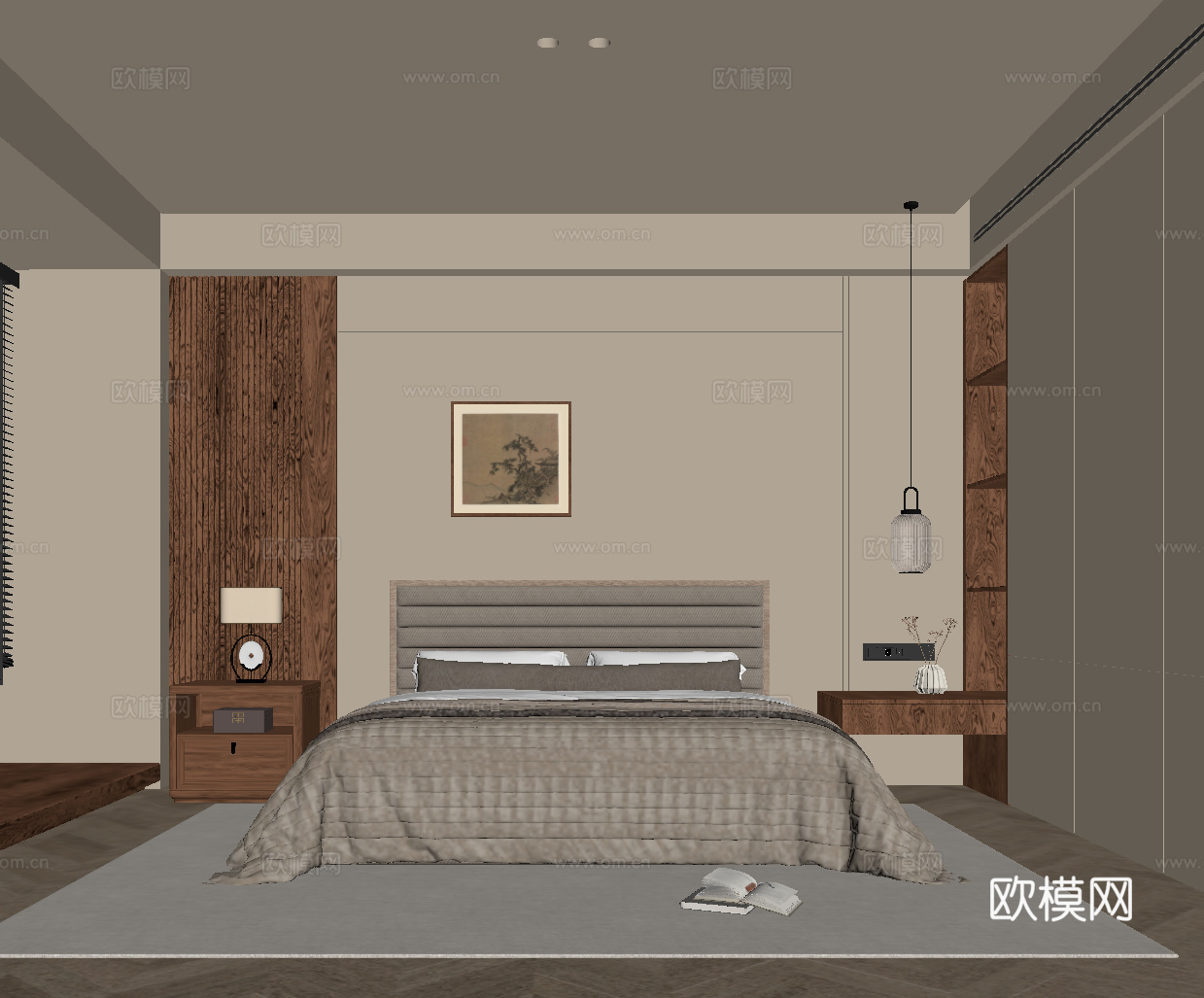 新中式卧室 双人床 床头柜su模型