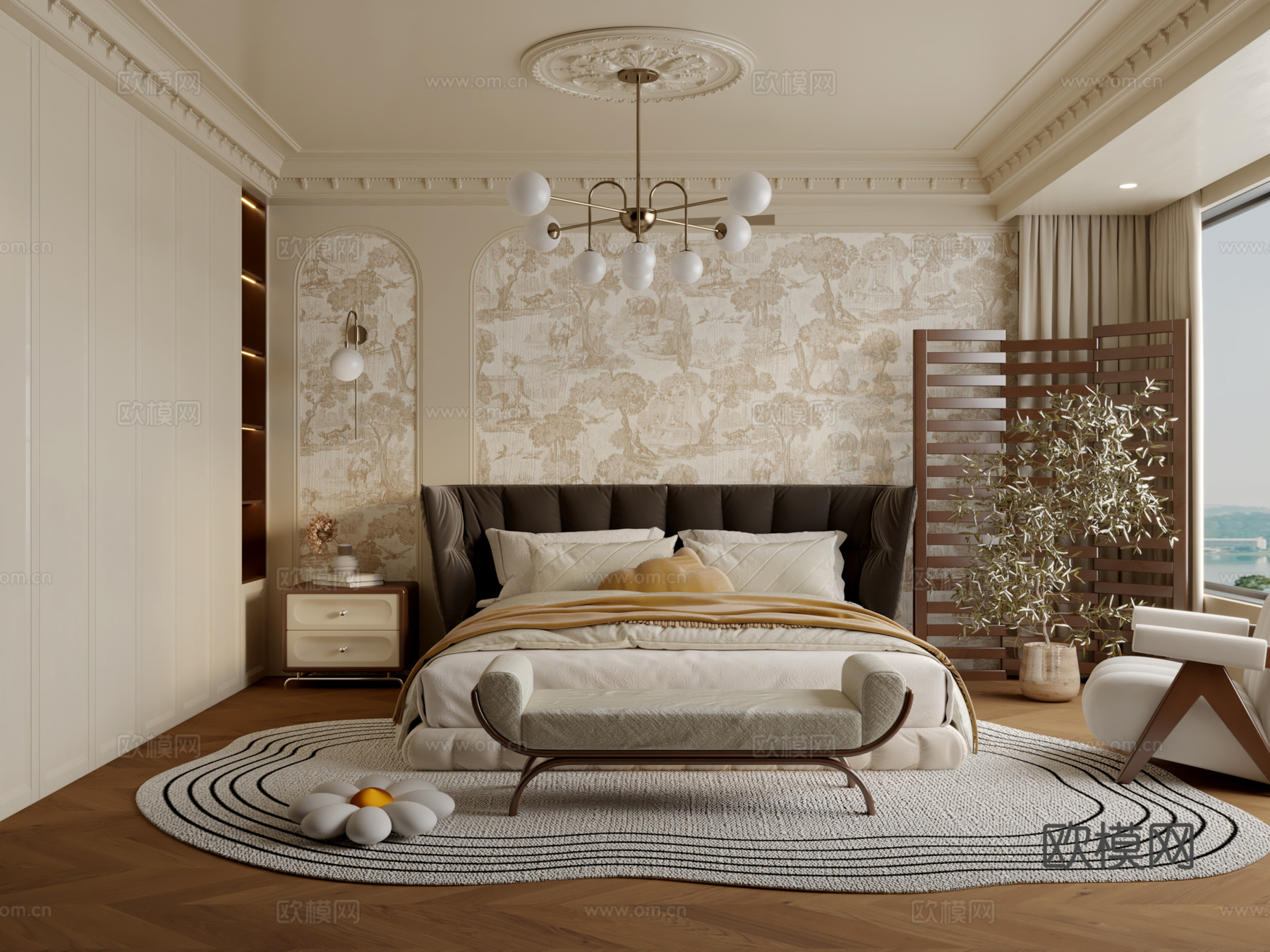 美式复古卧室3d模型下载（渲染图1）