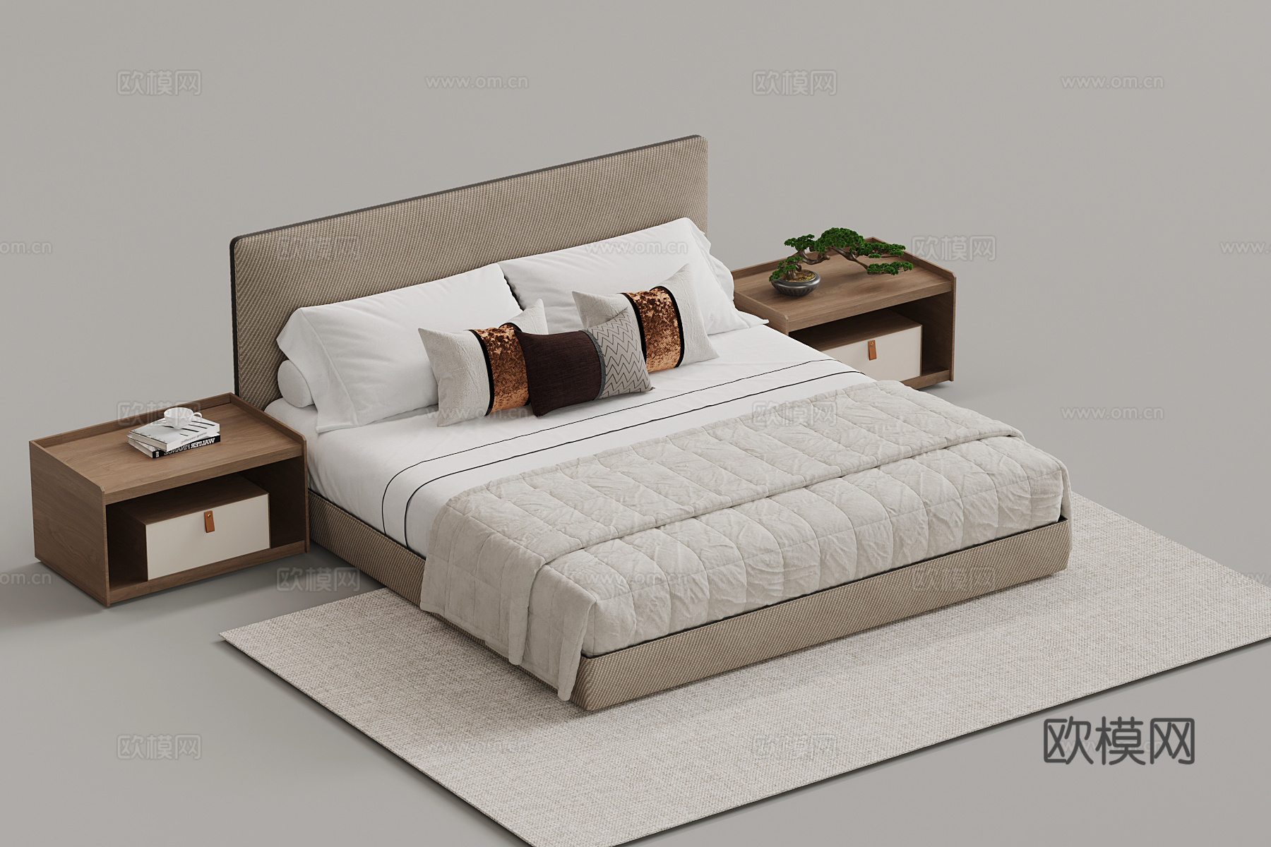 新中式双人床 床头柜su模型