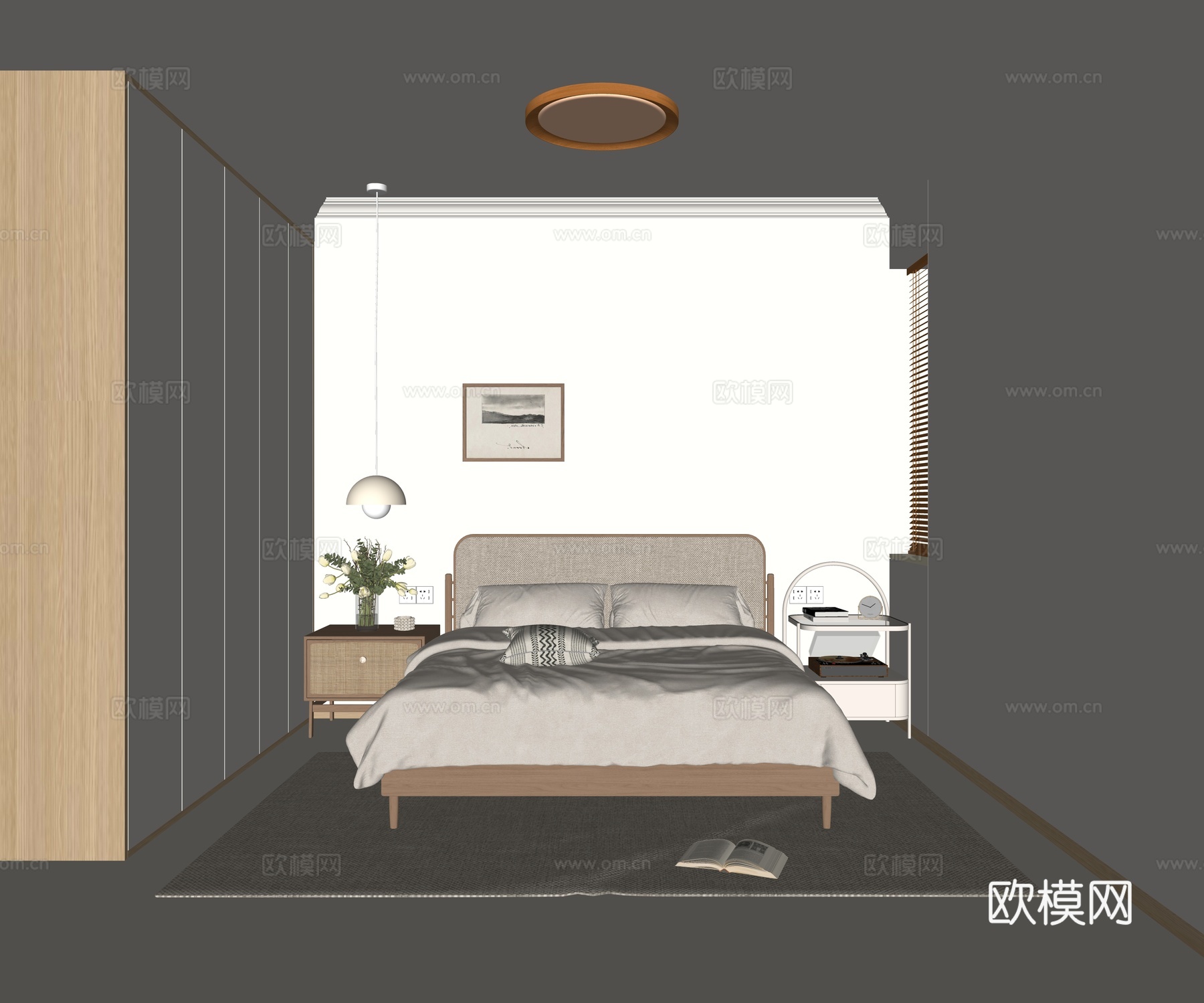 原木风卧室 现代卧室 长辈房 老人房 布艺双人床 实木双人床su模型