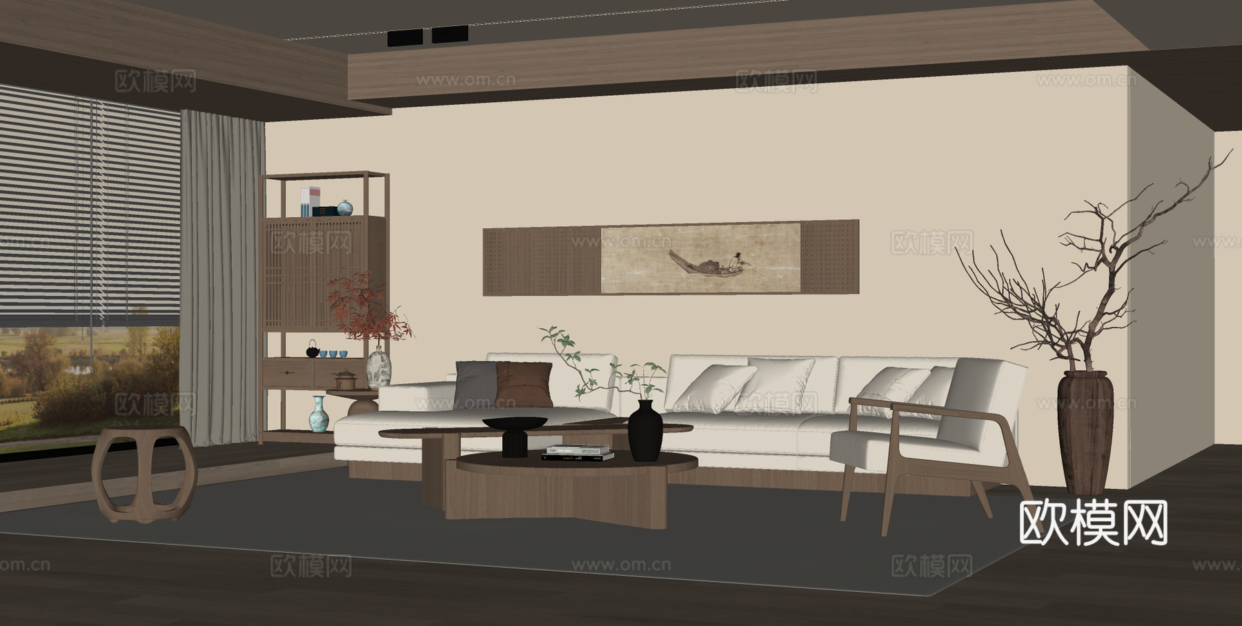 宋式美学客厅 沙发背景 装饰屏风 沙发茶几组合su模型