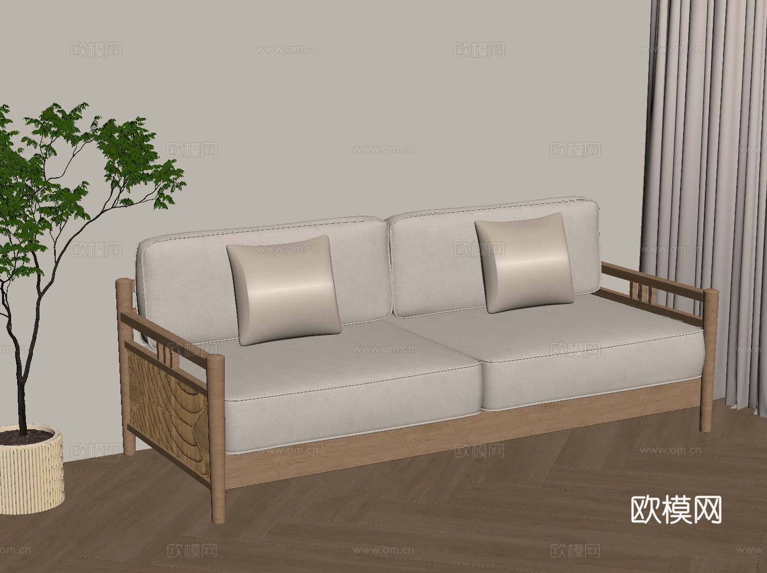 侘寂中古沙发 多人沙发su模型