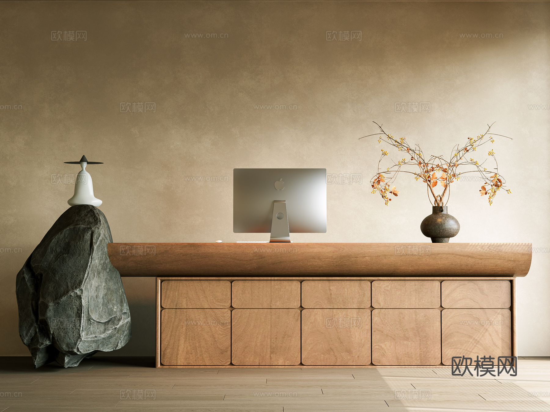 中古风前台 中古风 前台 接待 侘寂前台 收银台 花瓶花艺su模型