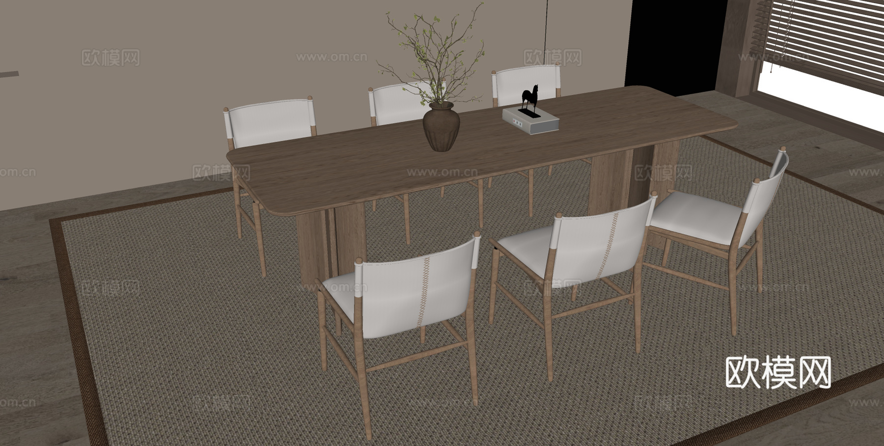 宋式餐桌椅组合 木制餐桌 木制餐椅 长形餐桌su模型