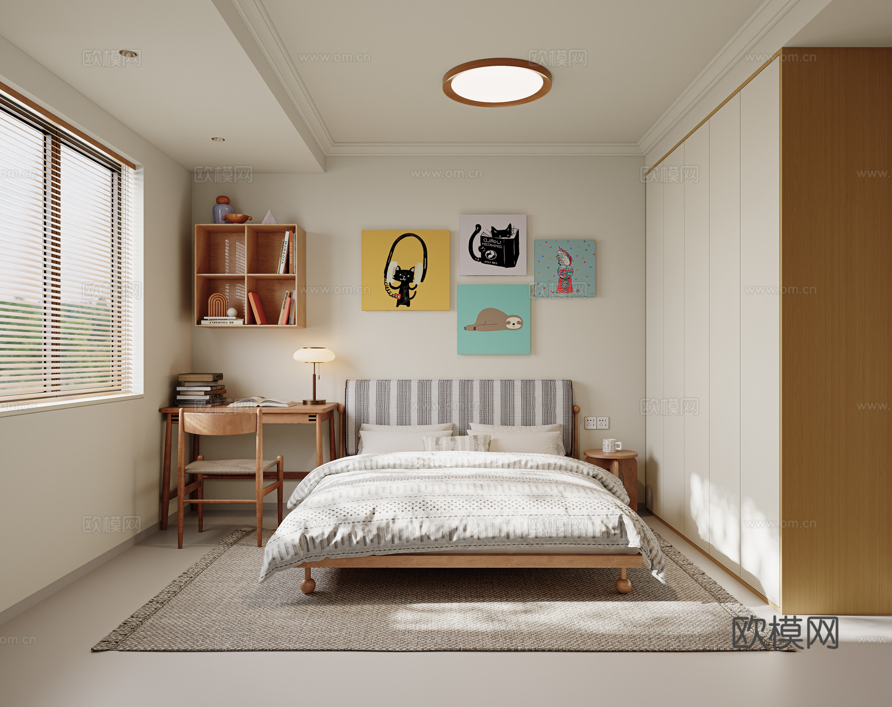 现代通用儿童房 布艺双人床 成品书桌椅 卡通装饰画 吸顶灯su模型