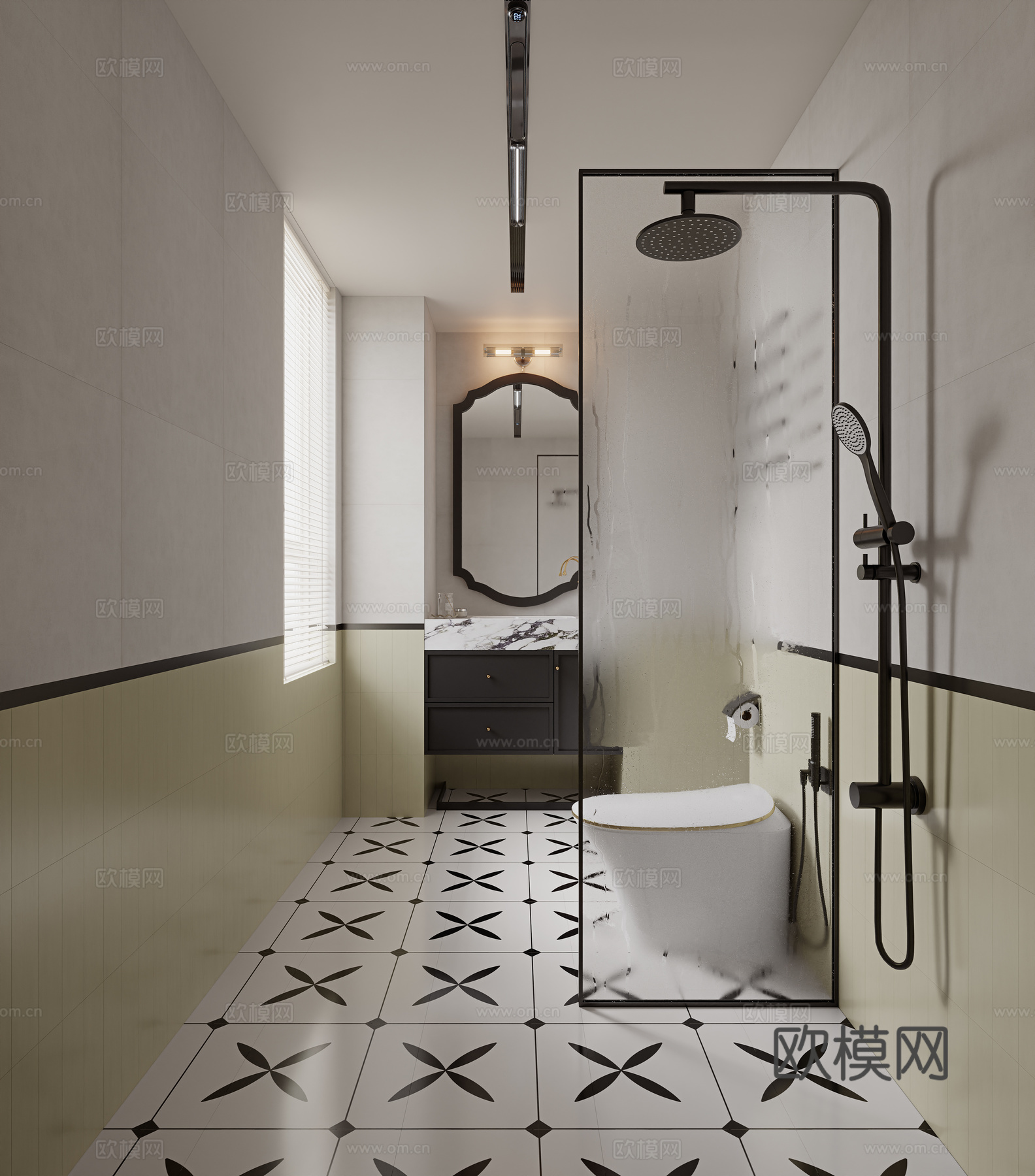 法式中古风卫生间 法式卫生间 浴室柜 化妆镜 马桶 淋浴花洒su模型