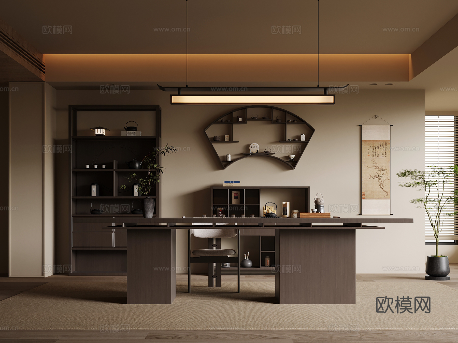 新中式茶室 茶桌椅 博古架 茶柜su模型