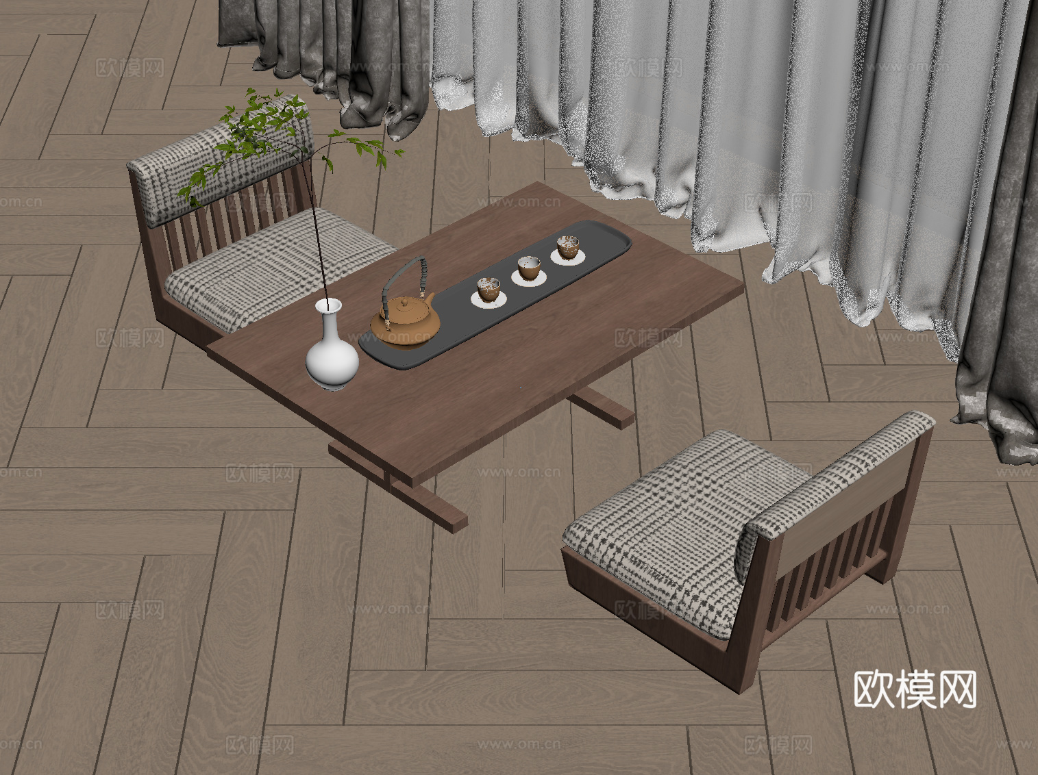 现代中古风茶桌椅 小茶台su模型