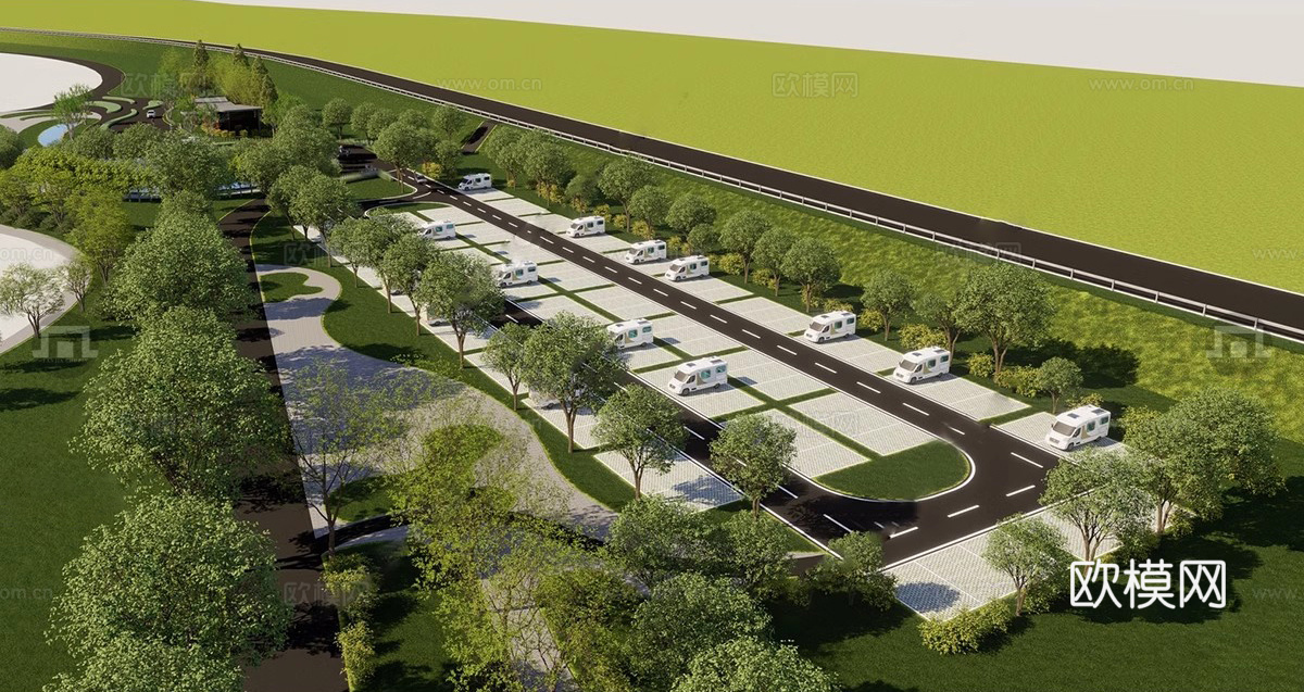 现代生态停车场 户外停车场 景区停车场su模型