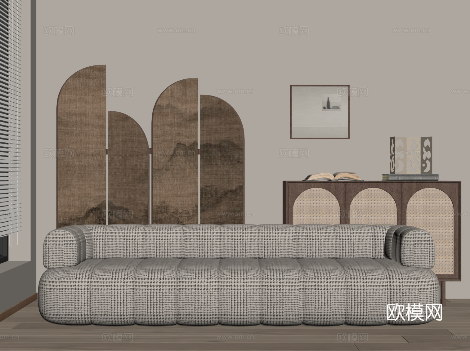 现代中古风多人沙发 布艺休闲沙发su模型