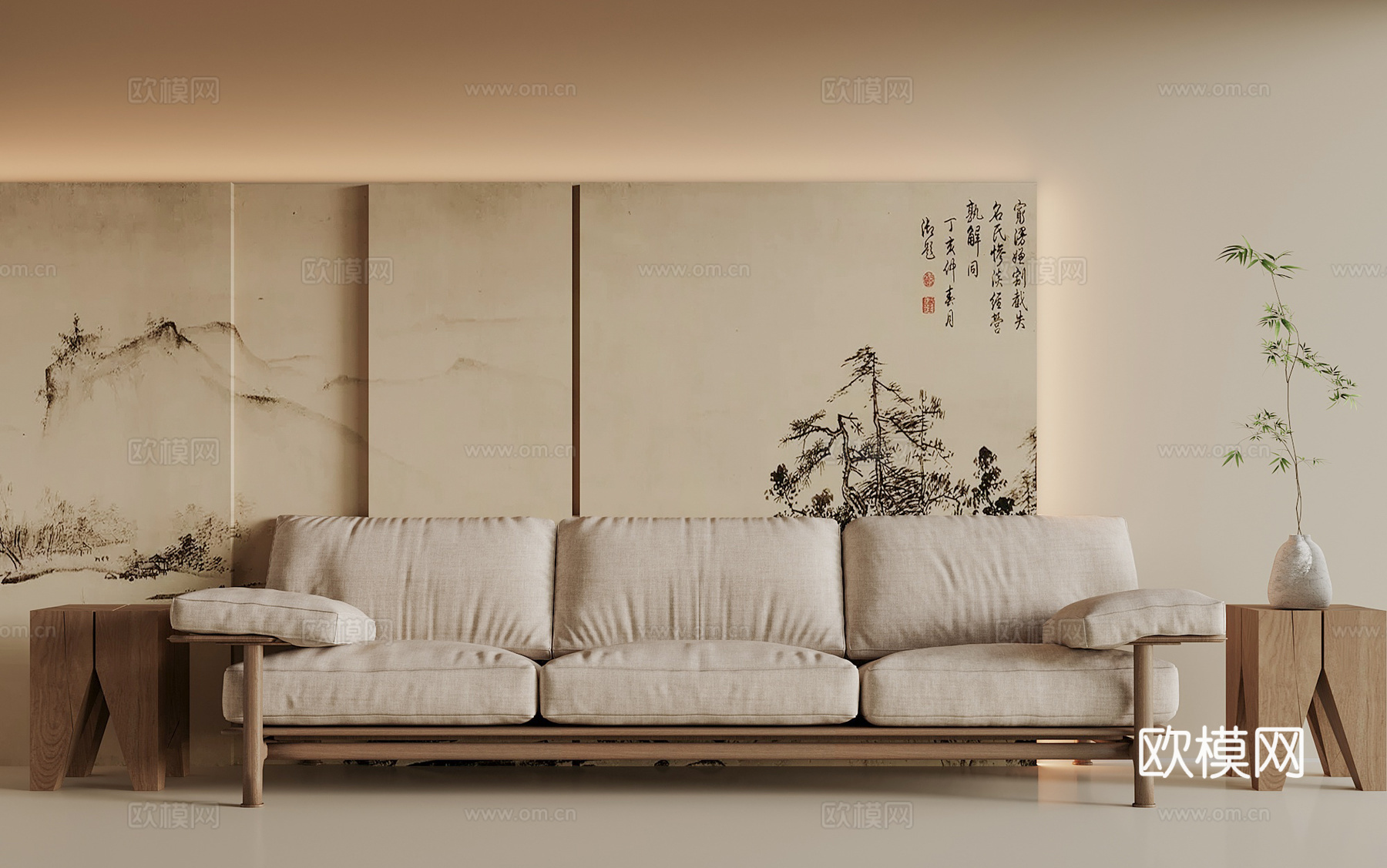 宋式三人沙发 多人沙发 边几 屏风背景su模型