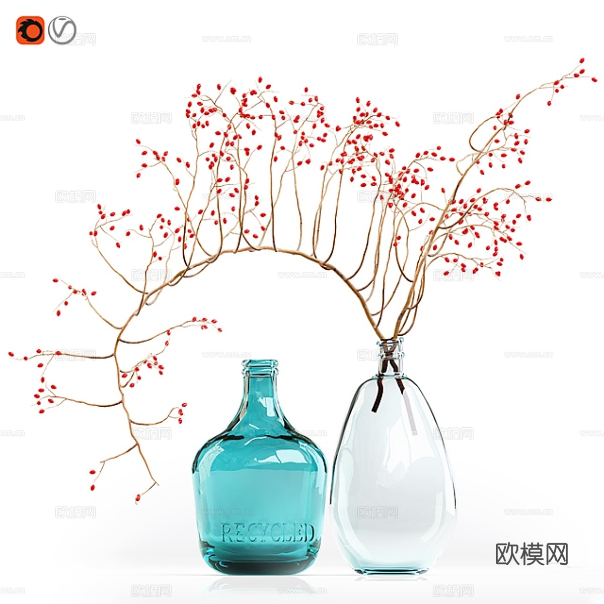 玻璃花瓶中的红果枝装饰3d模型下载
