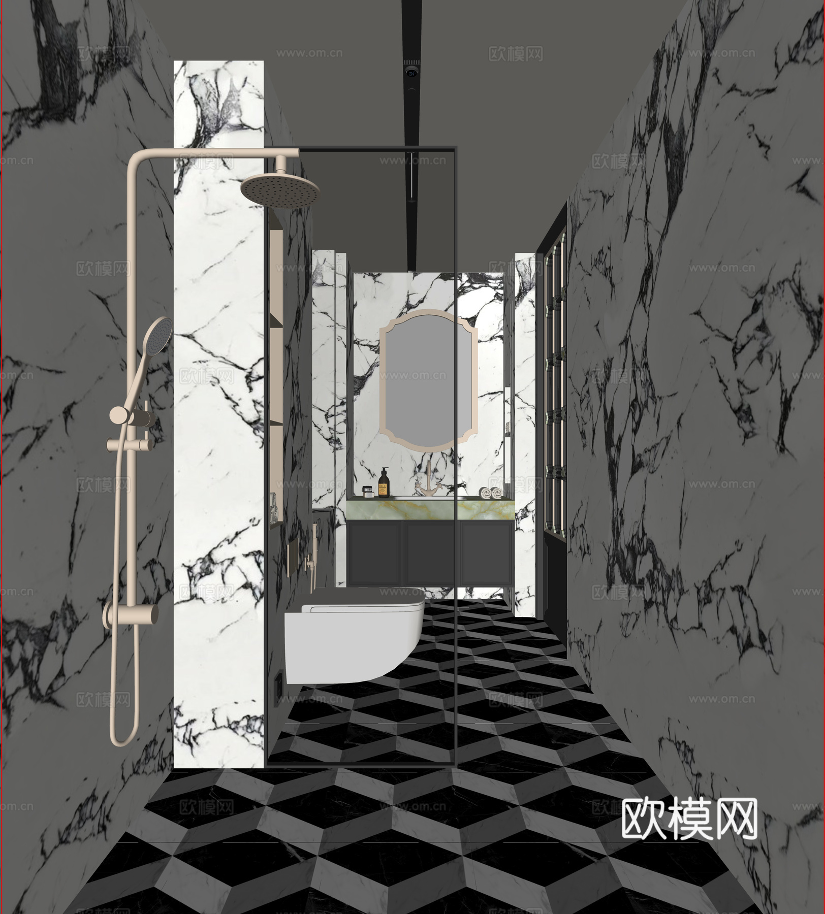 轻奢风卫生间 法式轻奢卫生间 浴室柜 化妆镜 壁挂马桶 花洒su模型