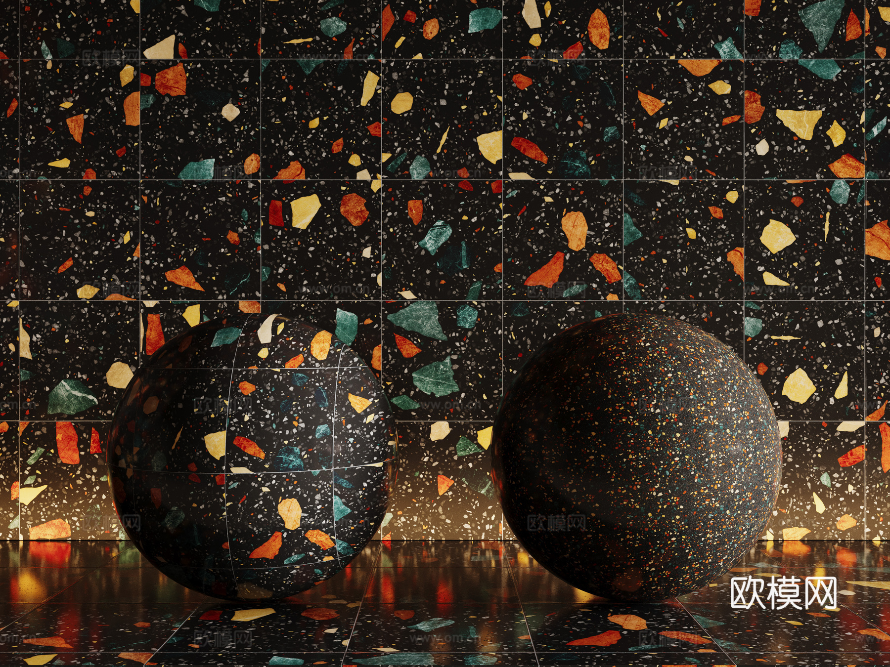 现代黑金水磨石 墙砖 瓷砖 马赛克 石材su模型