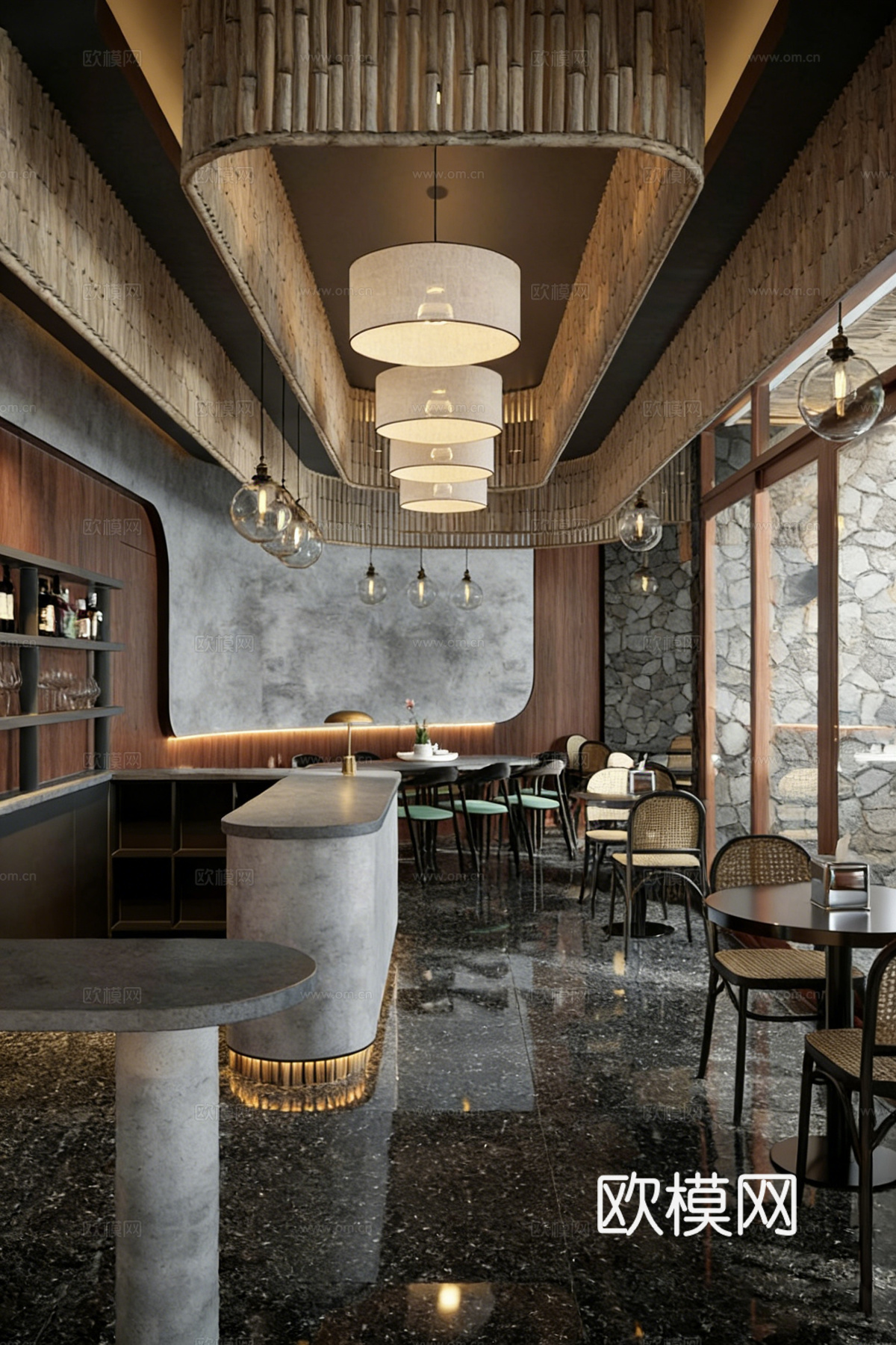 现代工业风咖啡馆 清吧 弧形吧台 餐厅 工业风餐饮空间3d模型