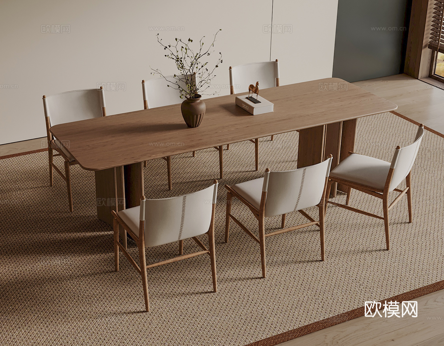 宋式餐桌椅组合 木制餐桌 木制餐椅 长形餐桌su模型