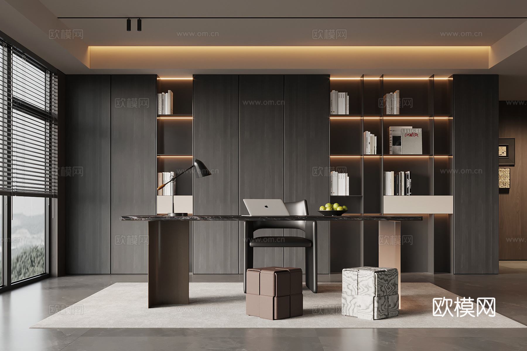 现代意式书房 书柜 书桌椅 办公桌椅3d模型下载