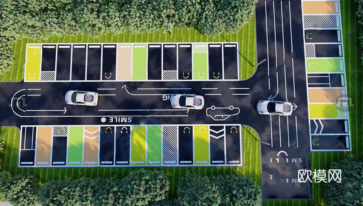 现代生态停车场 户外停车场 景区停车场su模型