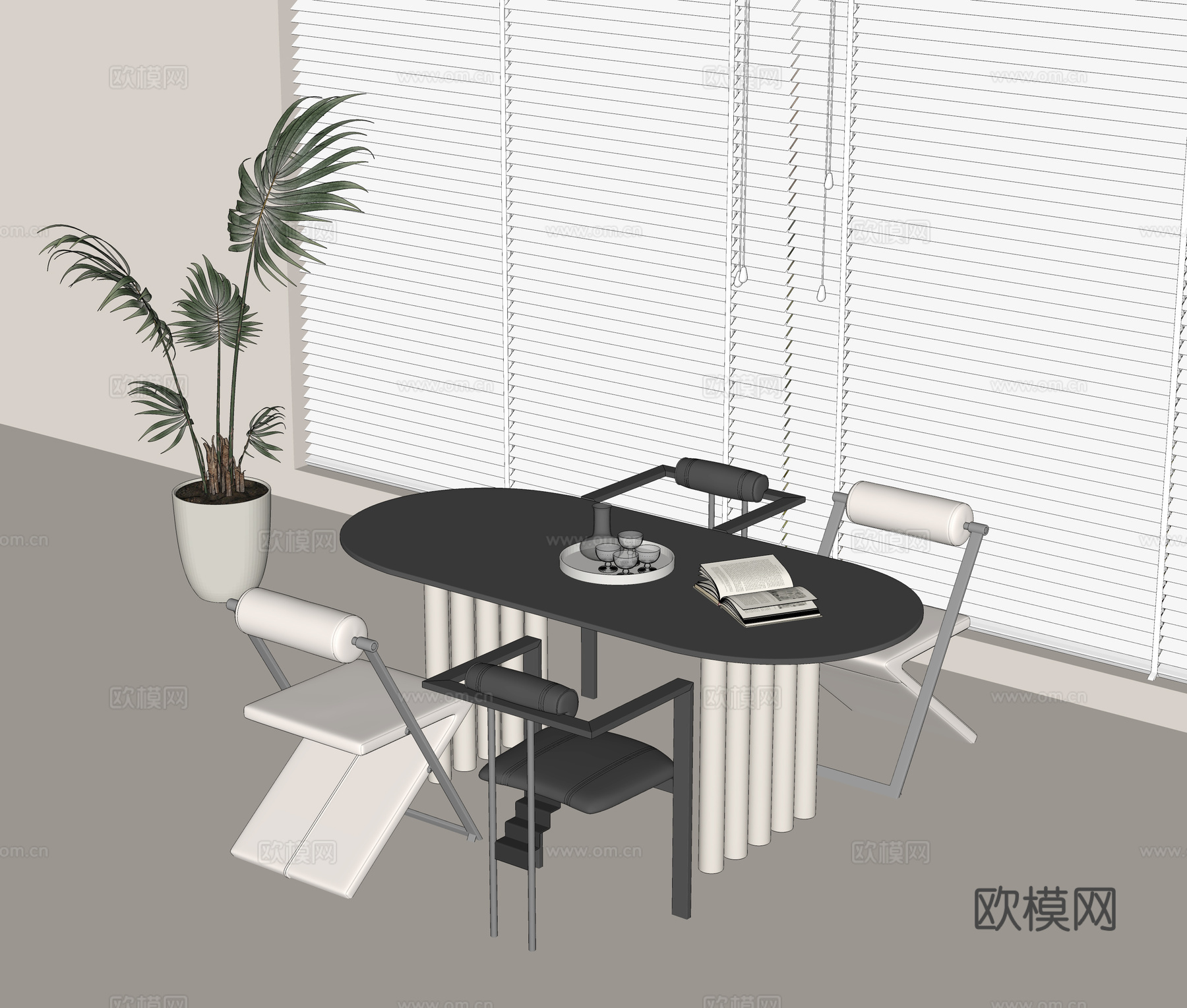 现代餐桌椅组合 椭圆形餐桌 皮质餐椅 休闲餐椅 水壶水杯su模型