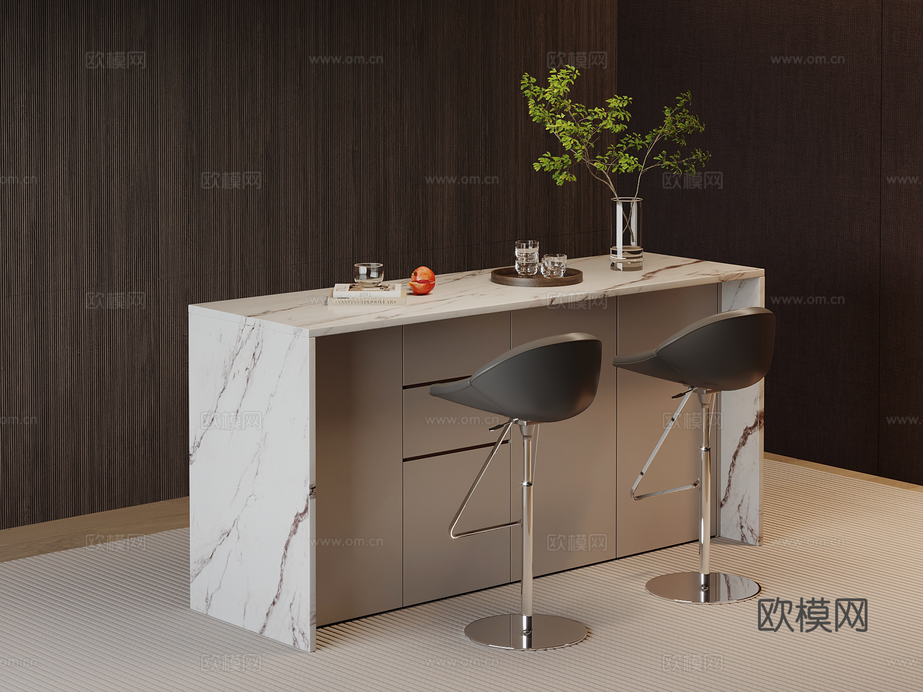 现代意式吧台 吧凳su模型