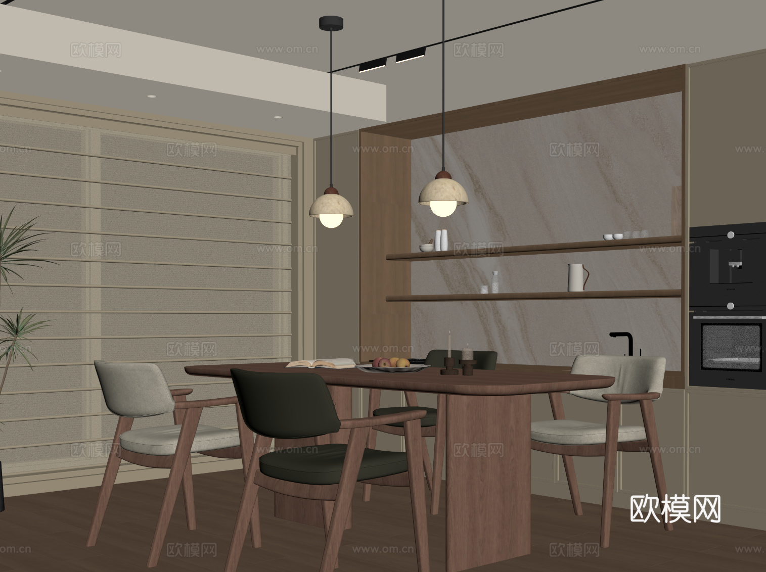 中古风餐厅 餐边柜 餐桌椅su模型