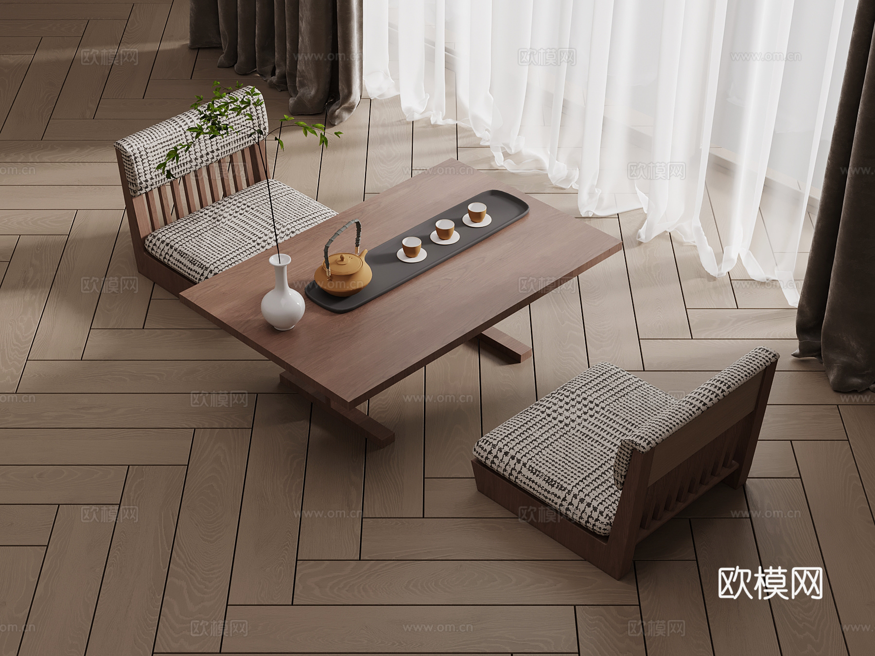 现代中古风茶桌椅 小茶台su模型