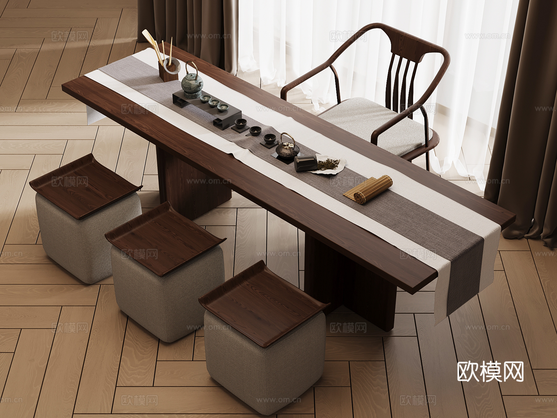 新中式茶桌椅su模型