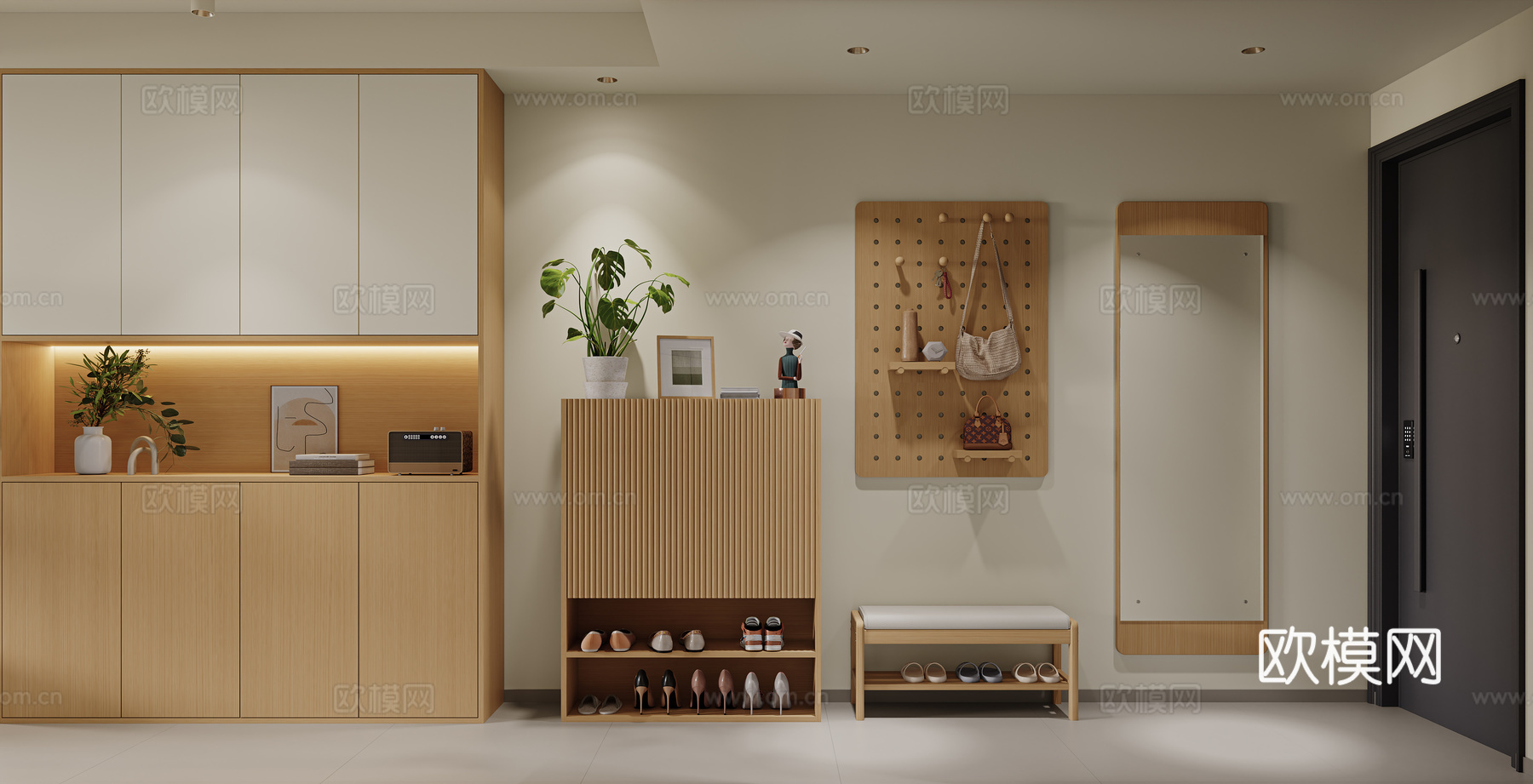 原木风玄关 原木成品鞋柜 原木换鞋凳 全身镜 洞洞板 鞋子su模型