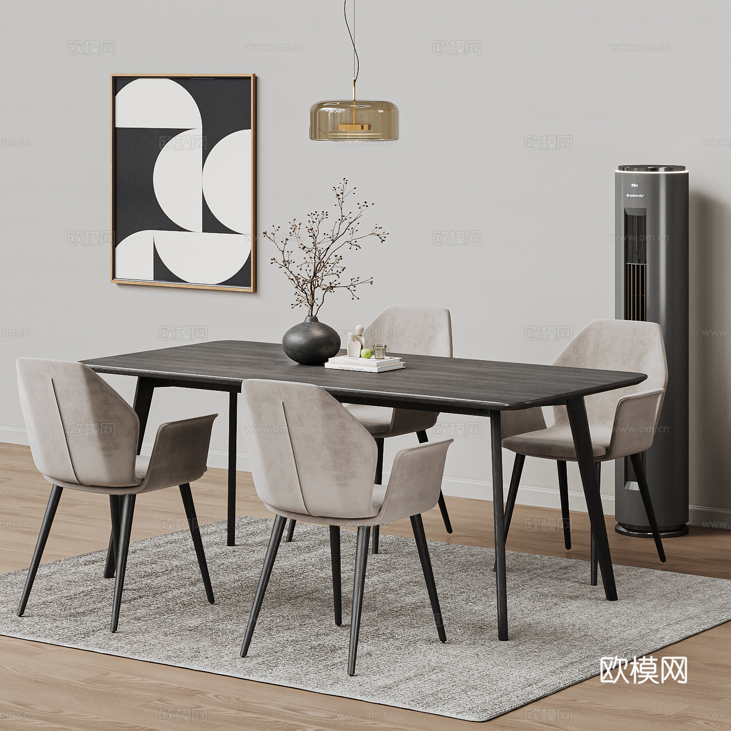 现代简约餐桌椅 空调 吊灯 餐椅 餐桌su模型