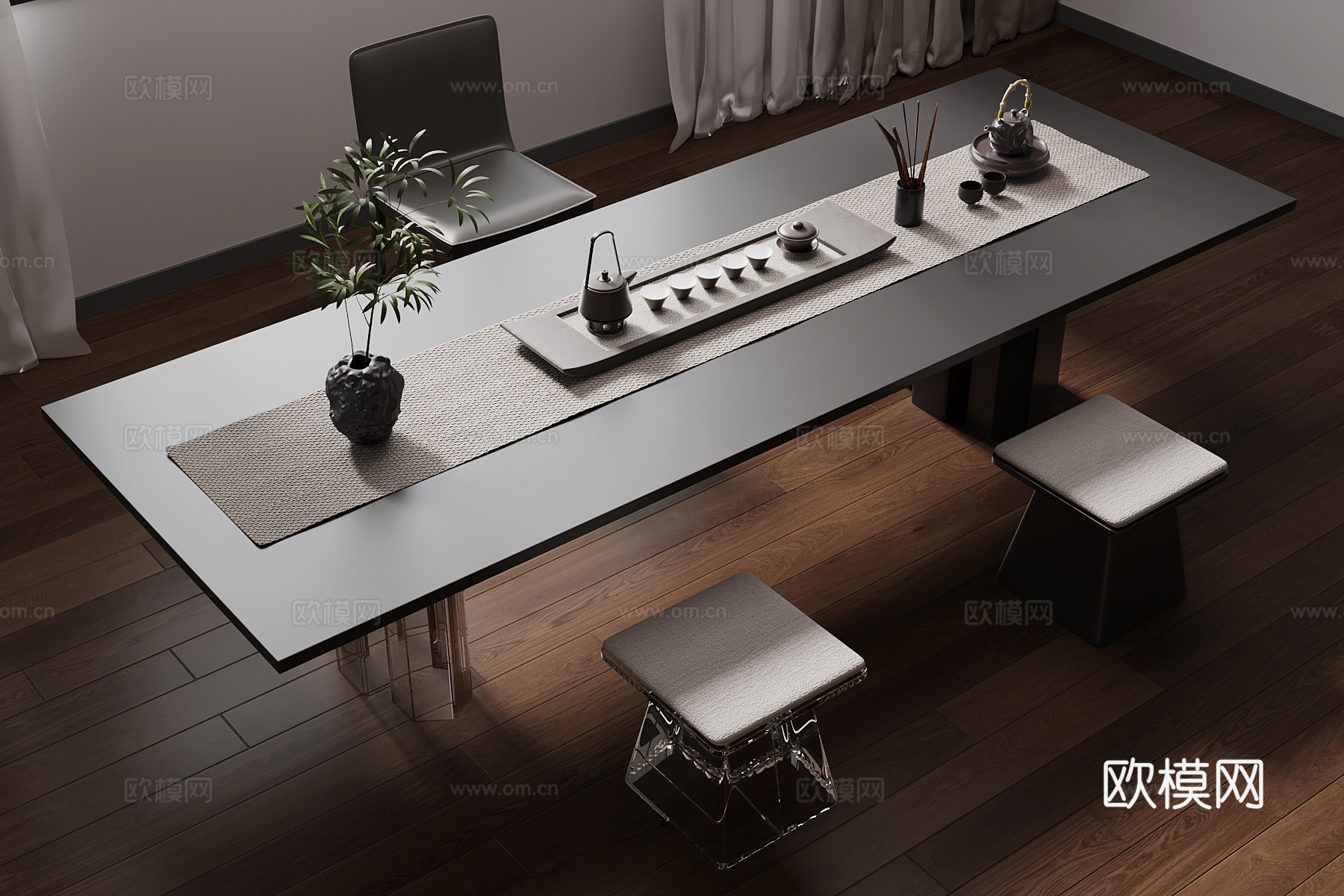 现代茶桌椅 茶具3d模型下载