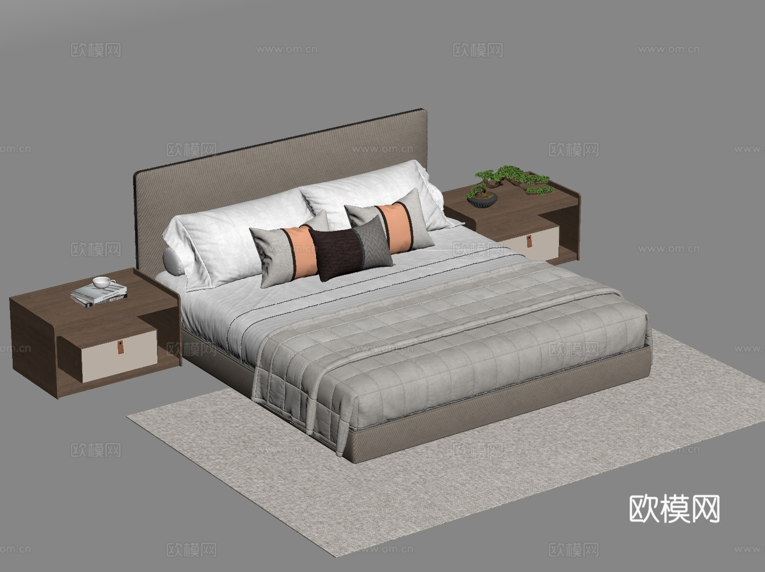 新中式双人床 床头柜su模型