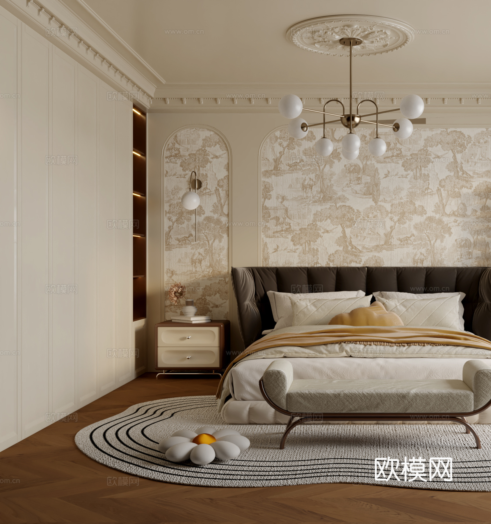 美式复古卧室3d模型下载（渲染图2）