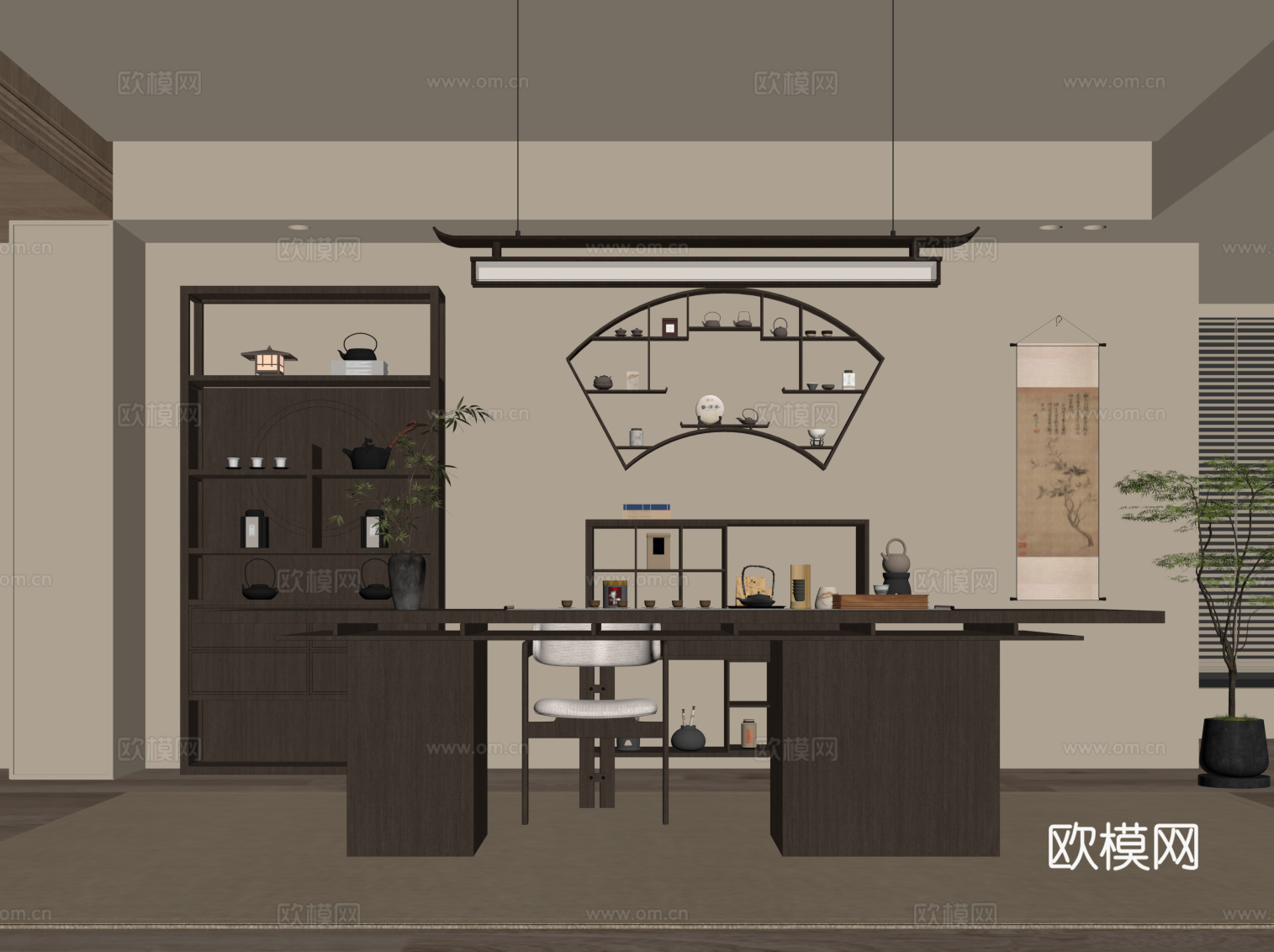 新中式茶室 茶桌椅 博古架 茶柜su模型