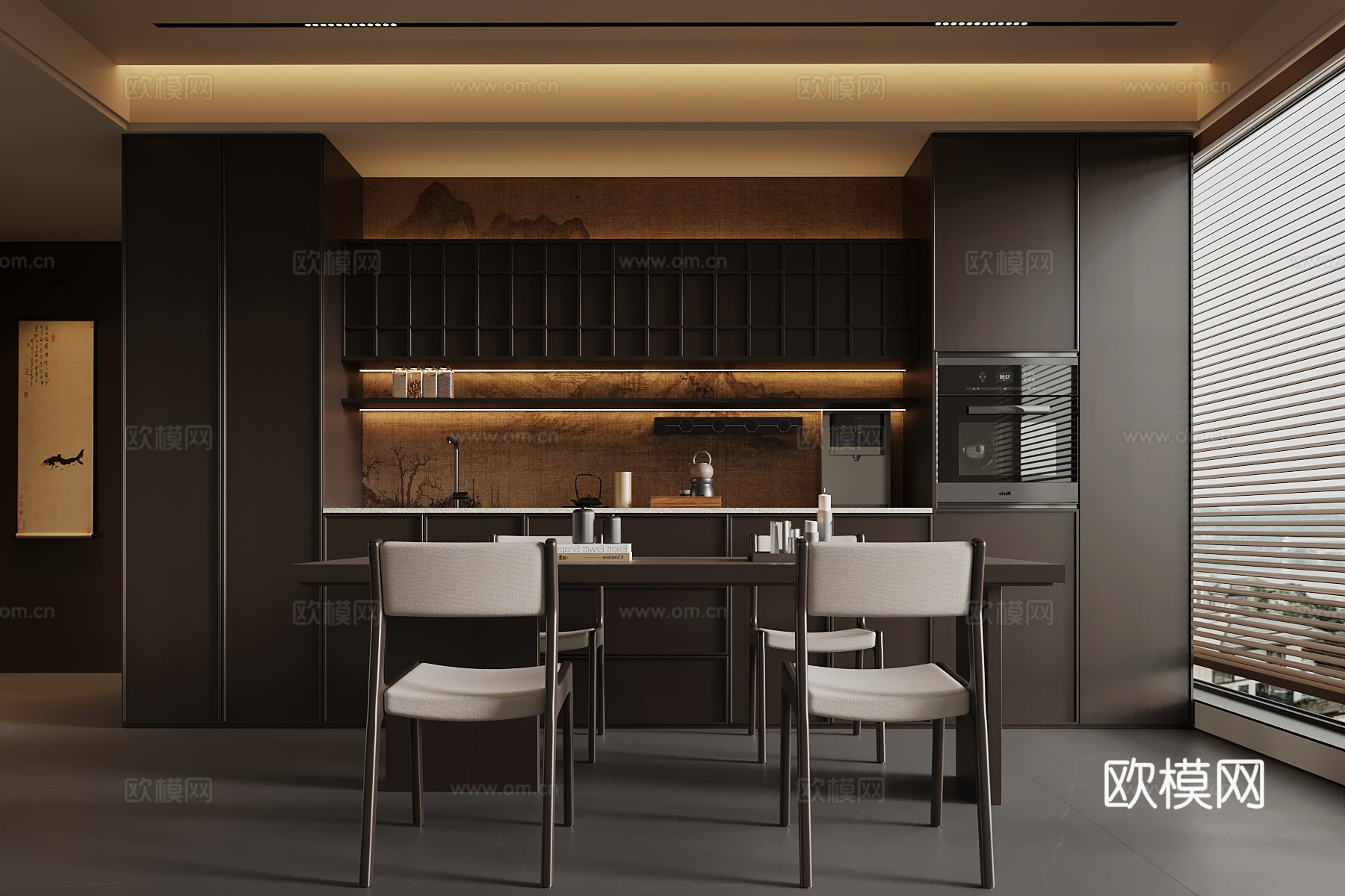 新中式餐厅 餐桌椅 餐边柜 橱柜su模型