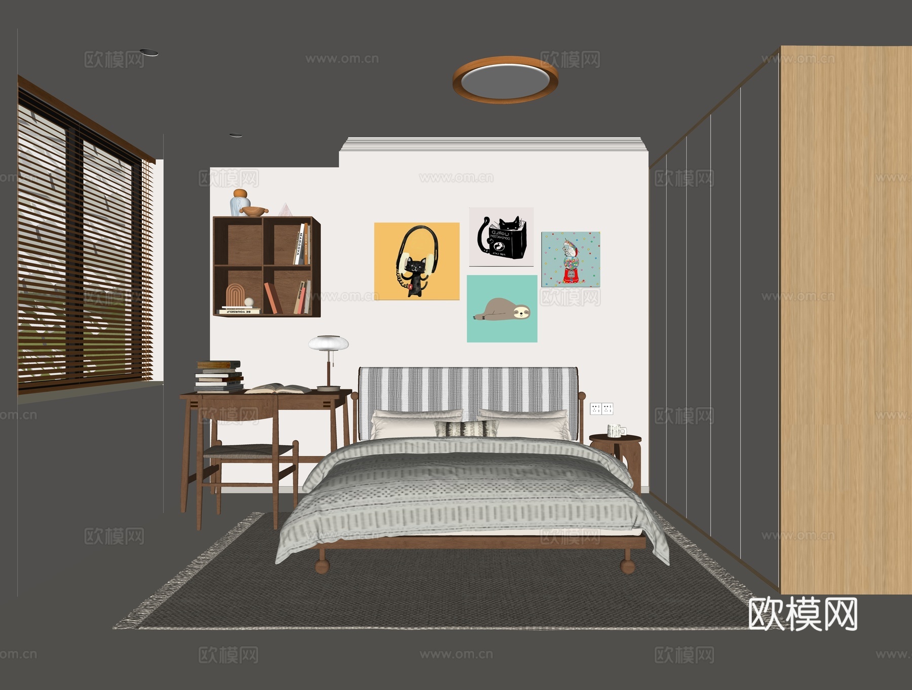 现代通用儿童房 布艺双人床 成品书桌椅 卡通装饰画 吸顶灯su模型