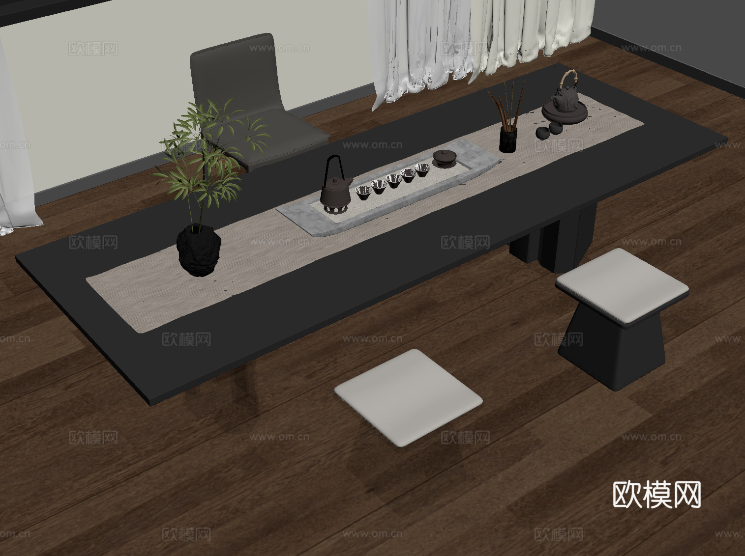 现代茶桌椅 茶具su模型