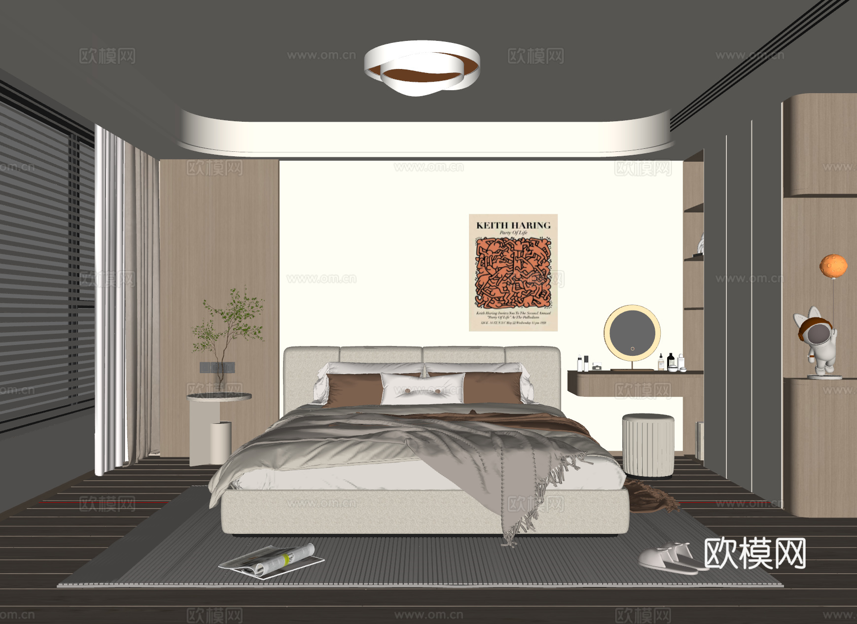 现代奶油风卧室 布艺双人床 床头柜 吸顶灯 梳妆台 挂画 地su模型