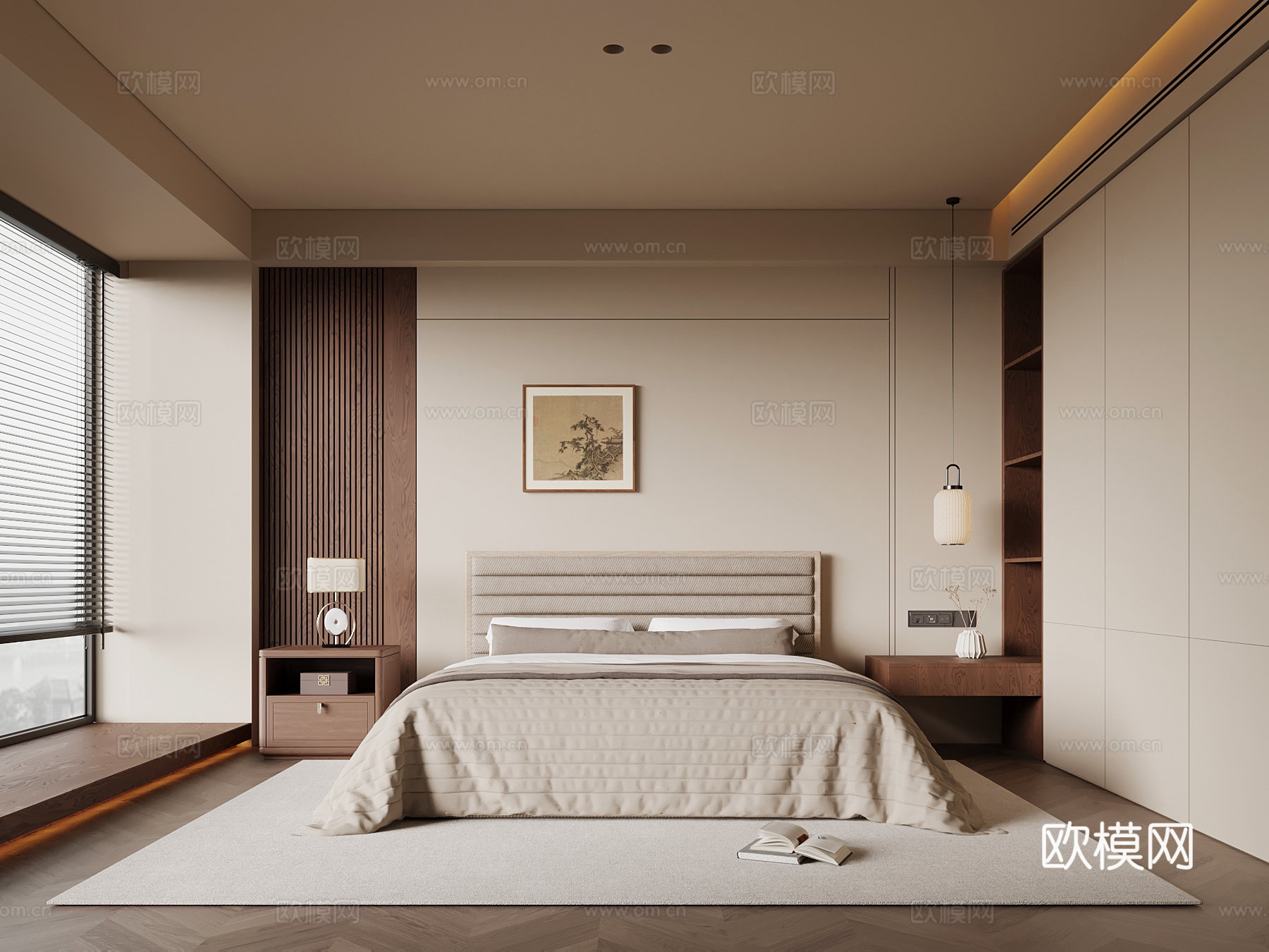 新中式卧室 双人床 床头柜su模型
