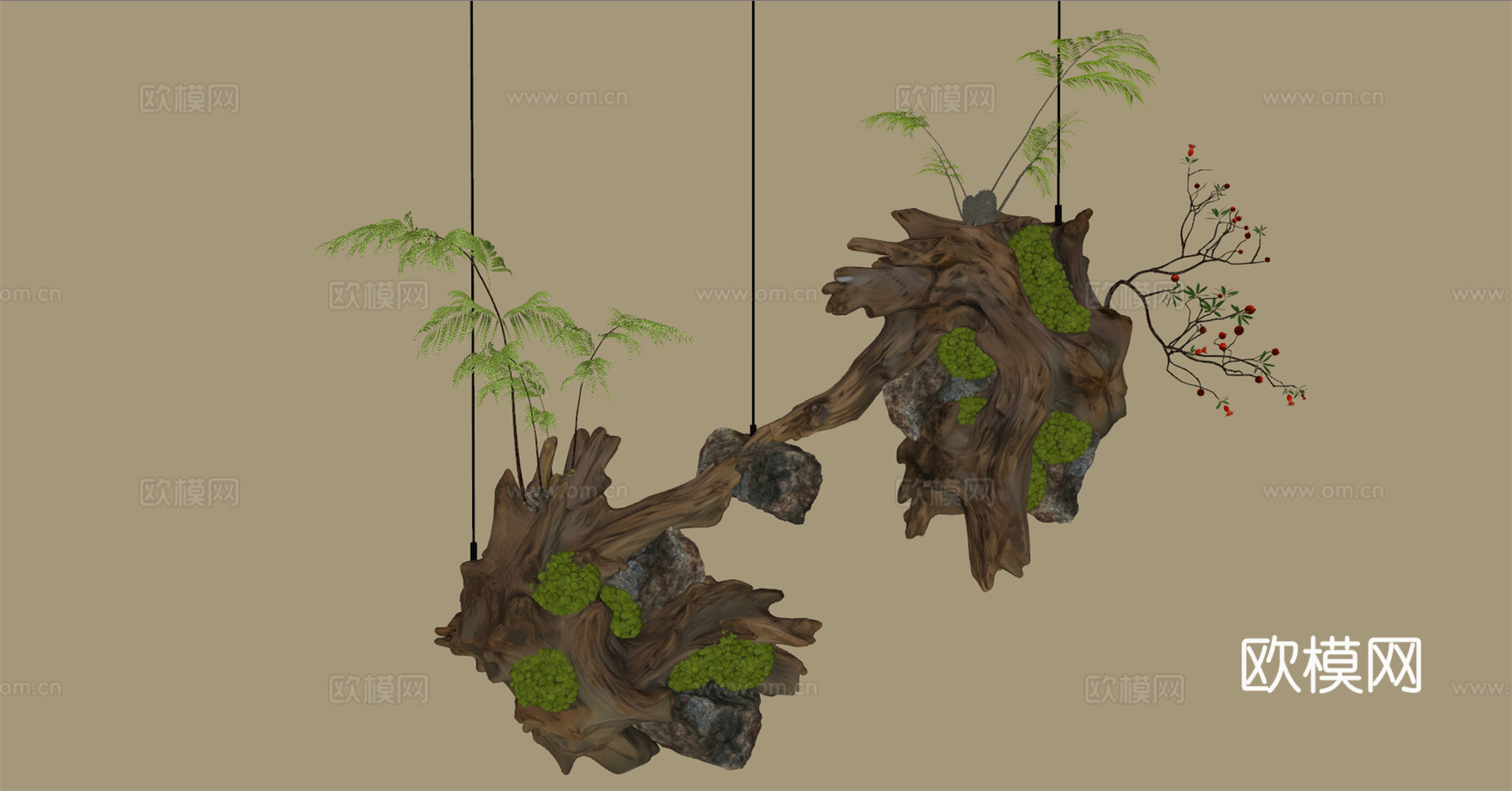 枯木绿植摆件 枯木 艺术装置 枯木绿植 绿植挂件 墙饰su模型下载（渲染图2）