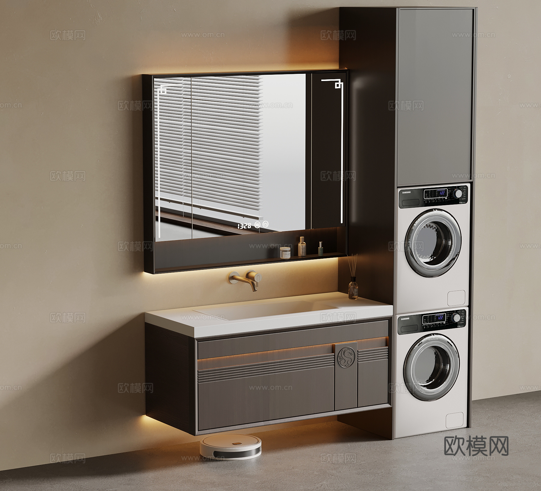 新中式浴室柜 洗衣机柜su模型
