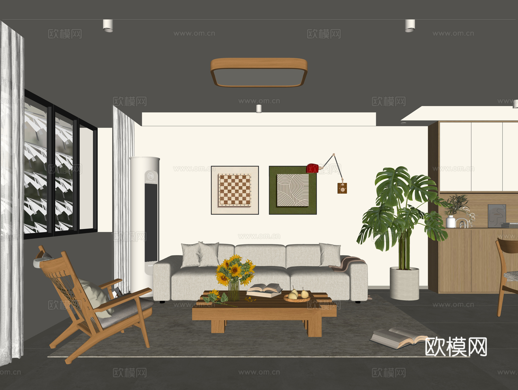 现代原木风客厅 沙发茶几组合 布艺多人沙发 原木茶几 休闲椅su模型