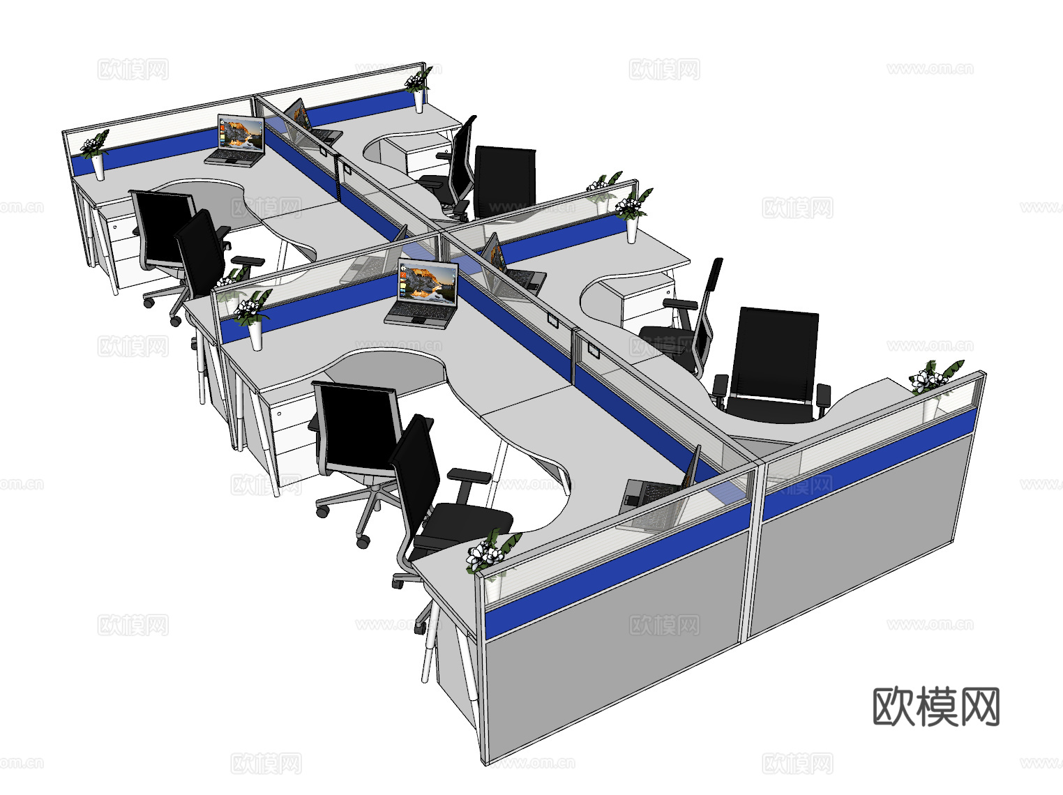 办公桌 工位 屛风卡位 办公椅su模型