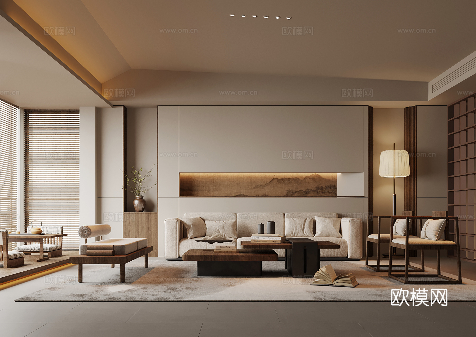 新中式客厅 沙发茶几组合 背景墙su模型