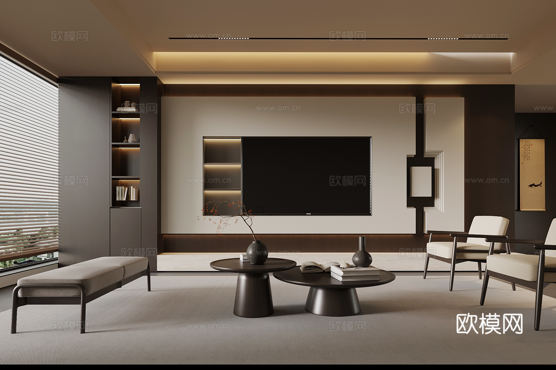 新中式客厅 电视背景墙 沙发茶几组合su模型